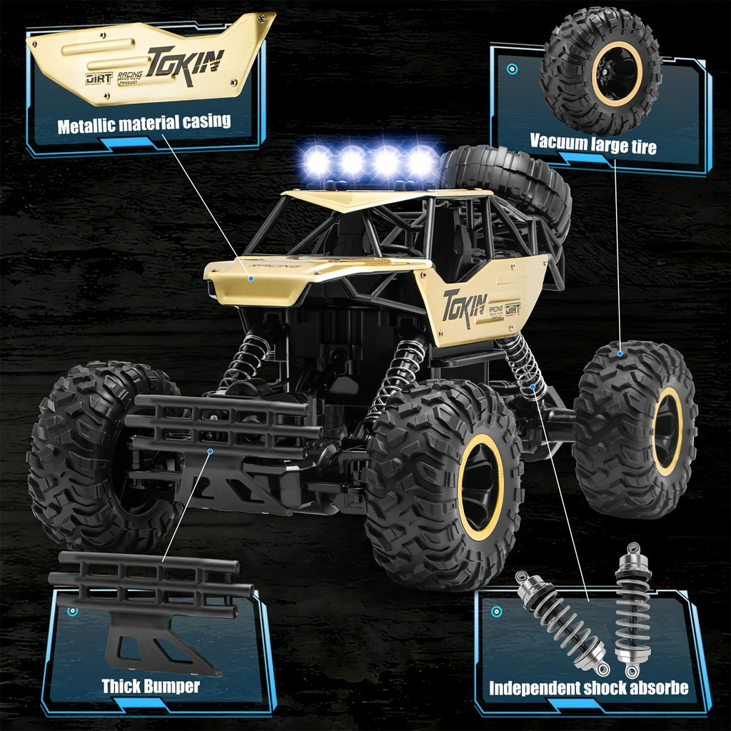 1:12 Scale RC Monster Truck 2.4GHz Off-Road Remote Control Car - Alloy Body, Independent Suspension, Rubber Tires, LED Lights, 1200mAh Battery, Crash-Resistant - Golden