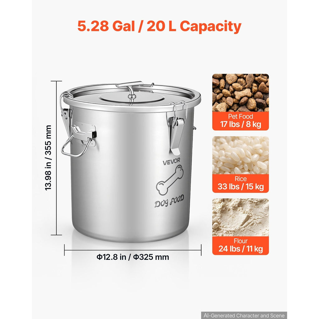 Stainless Steel Dog Food Storage Container 20L 5.28 Gal Large Airtight Pet Food Bin with Lid & Dual Handles for Dogs Cats - Metal Dog Food Canister for Rice Flour Coffee Keep Fresh Easy to Clean