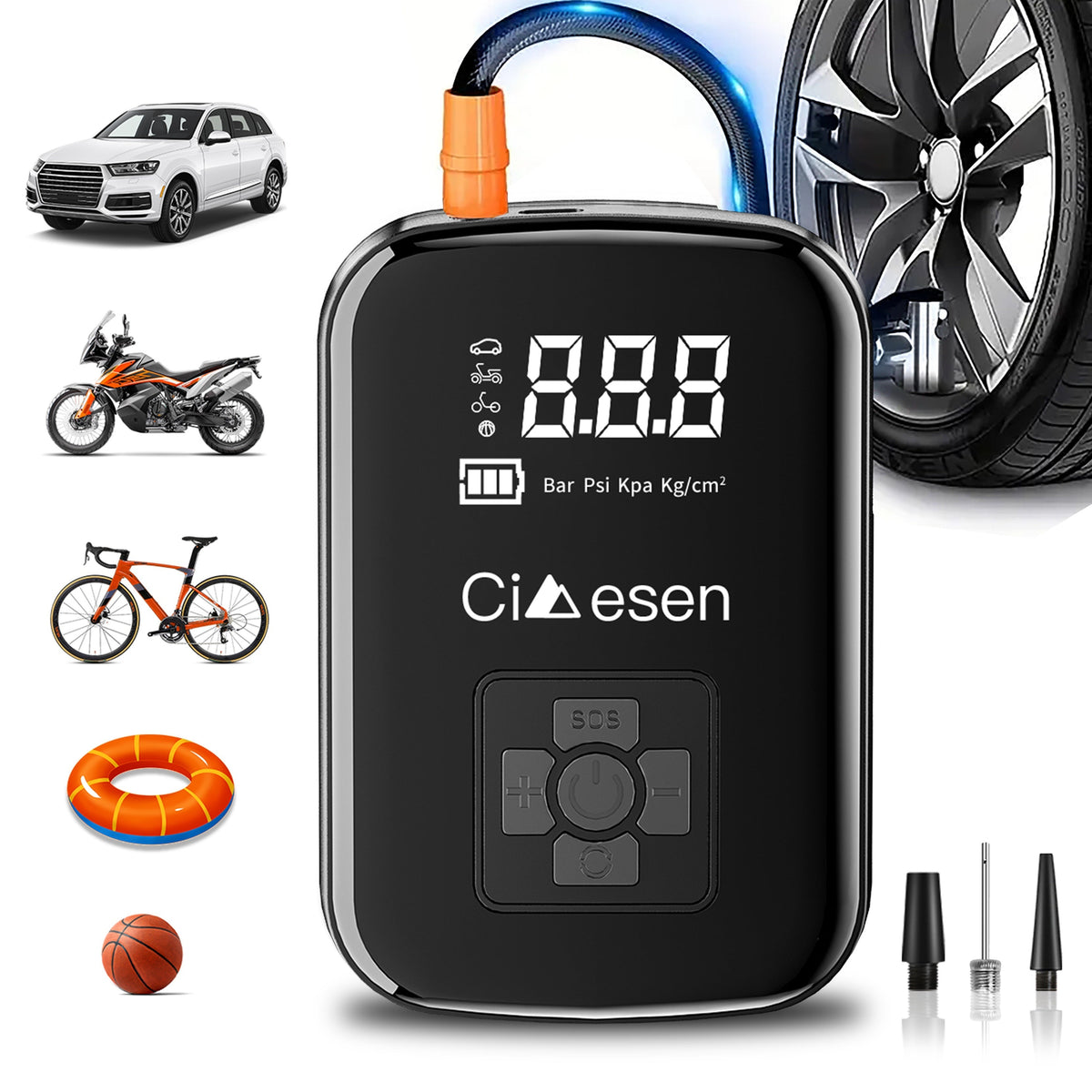 Portable Tire Inflator 100W Cordless Air Pump 4000mAh Battery 30-Second Inflation 5 Modes Digital PSI Display Type-C Charging LED Light Multi-Nozzle for Car Motorcycle Bicycle Ball