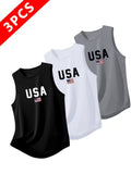 Men's Quick-Dry Moisture-Wicking Sleeveless Tank Tops 3-Pack USA Letter Print Breathable Athletic Vest for Gym, Running & Training - Black, White, Gray