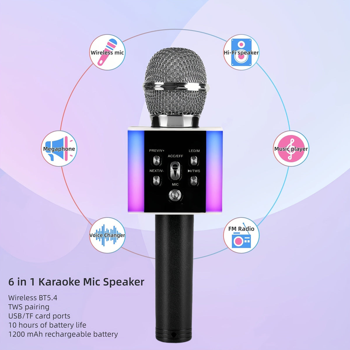 5-in-1 Wireless Karaoke Microphone with Built-In Speaker, LED Lights & Voice Changer – Portable Bluetooth Singing Mic for Parties, Family Gatherings, Travel & Outdoor Fun, 10 Colors