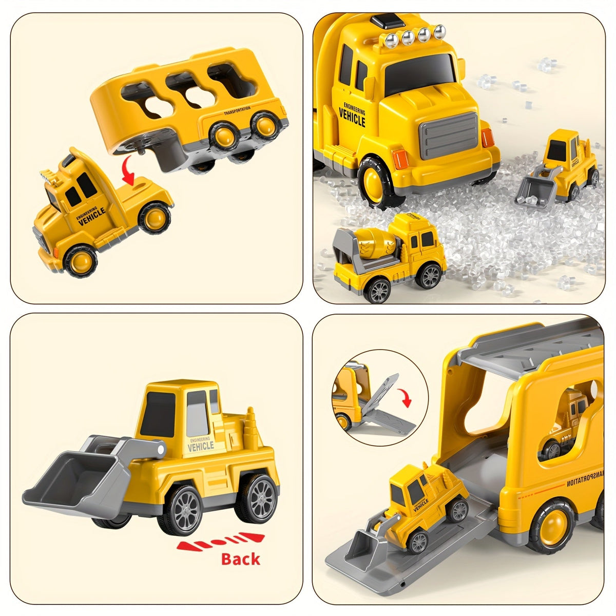 5-in-1 Engineering Vehicle Toy Set for Kids Ages 2+ - Friction-Powered Construction Trucks Including Dump Truck, Excavator & More, Durable Toddler Transport Playset, Birthday & Holiday Gift, Yellow