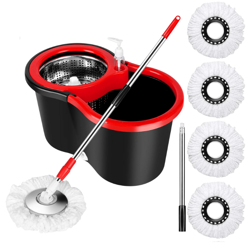 360 Spin Mop and Bucket with Wringer Set 4 Microfiber Replacement Heads | Stainless Steel Adjustable Handle Hands-Free Foot Pedal | Deep Clean Hardwood Tile Laminate Floors | Complete Floor Cleaning System