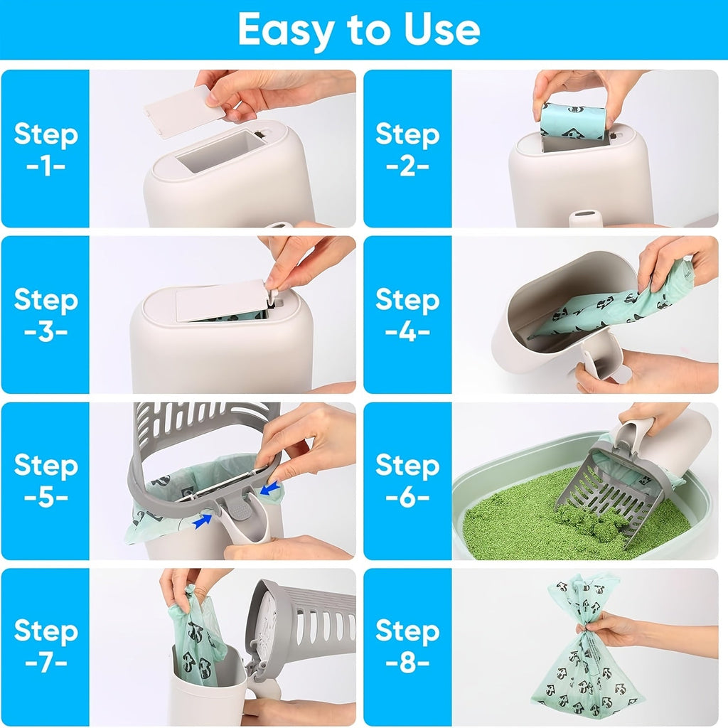 Cat Litter Scoop with Stand & Spare Bag – Large Capacity Spill-Proof Scooper, Seamless Construction, Sturdy Base, Easy Clean Waste Disposal for Multi-Cat Homes & Travel, Grey White