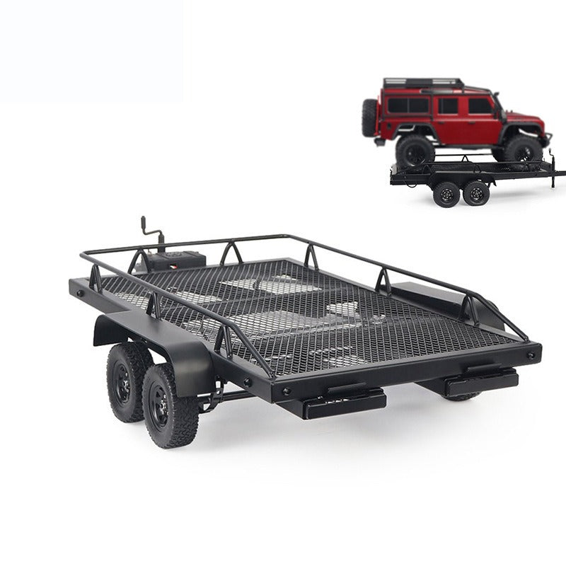 1/10 Scale Dual-Axle Metal Flatbed Trailer for RC Crawler – Compatible with TRX4 KM2 SCX10 RC4WD D90, 815mm Total Length, 50KG+ Load Capacity, Simulation RC Car Accessory