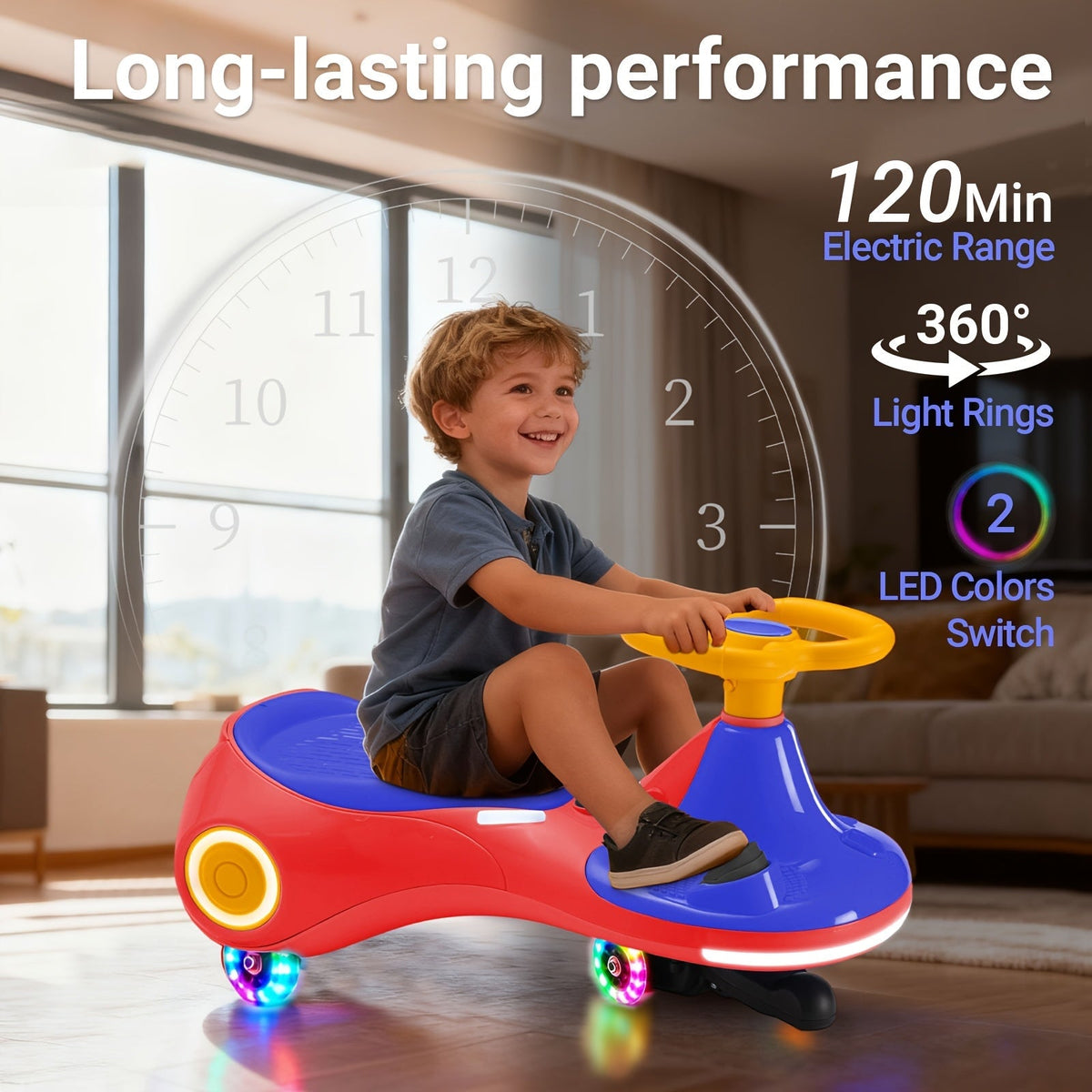 2-in-1 Rechargeable Ride-On Wiggle Car Pedal-Operated Swing Toy 2 Speeds Anti-Rollover Flashing Wheels 130 Lbs Capacity Kids Ages 3 and Up Birthday Christmas Halloween Gift Purple Yellow Red