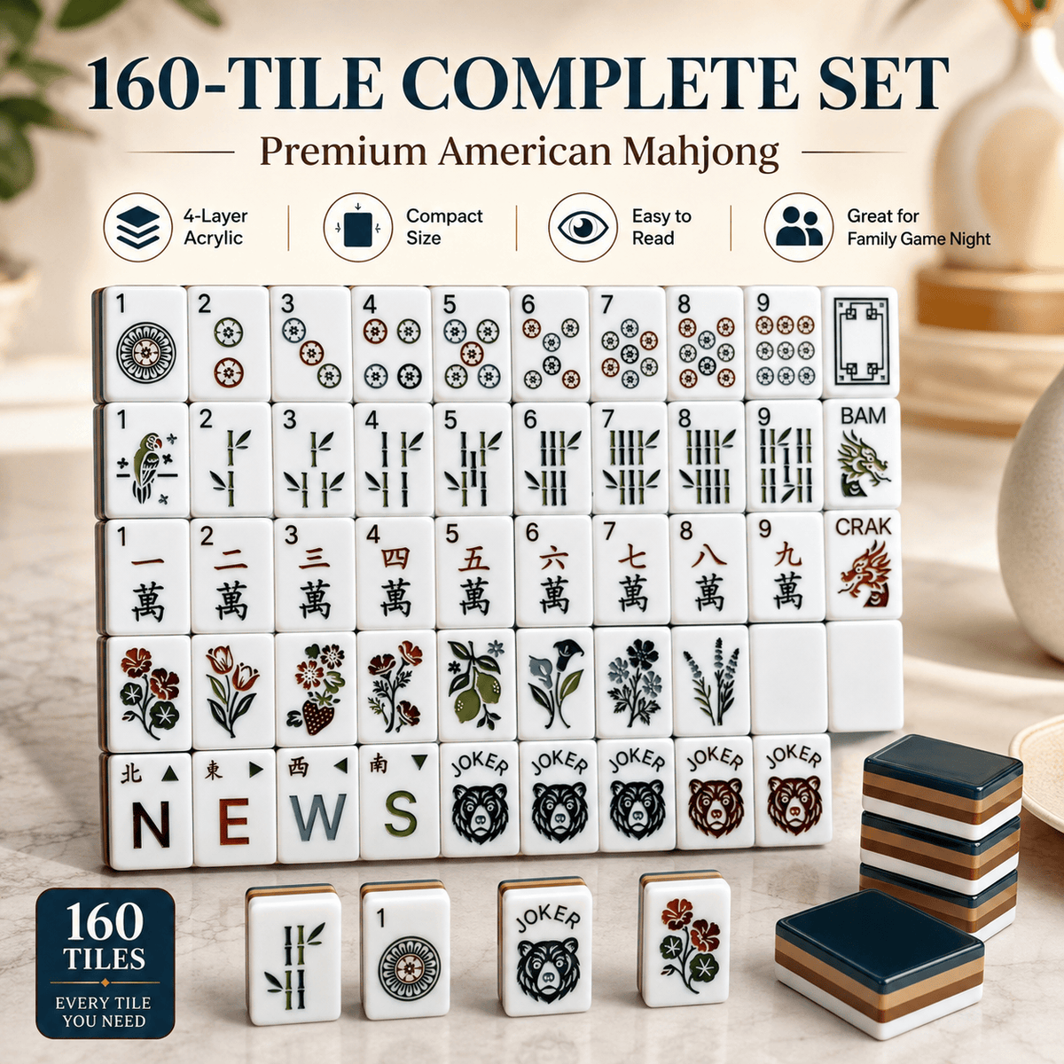 American Mahjong Set 160 Tiles with 4 Dice - Black Bear Theme Acrylic Tiles, 4-Layer Color Design, Easy-Read Tabletop Board Game for Family Gatherings & Parties | Fun Holiday Gift for Adults