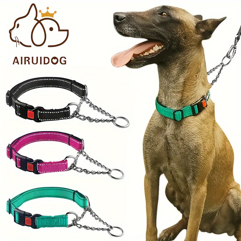 Martingale Dog Collar with Stainless Steel Chain – Heavy-Duty Soft Padded Reflective Training Collar with Quick-Release Buckle for Small, Medium & Large Dogs, 5 Colors