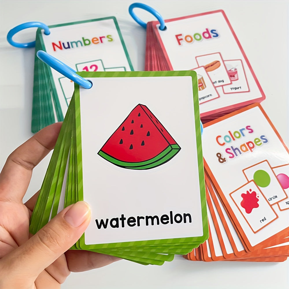 80pcs Educational Flash Cards for Kids Numbers Colors Shapes Fruits Vegetables Food Vocabulary with English Labels & 4 Sorting Rings Durable Learning Flashcards for Toddlers Preschool Kindergarten