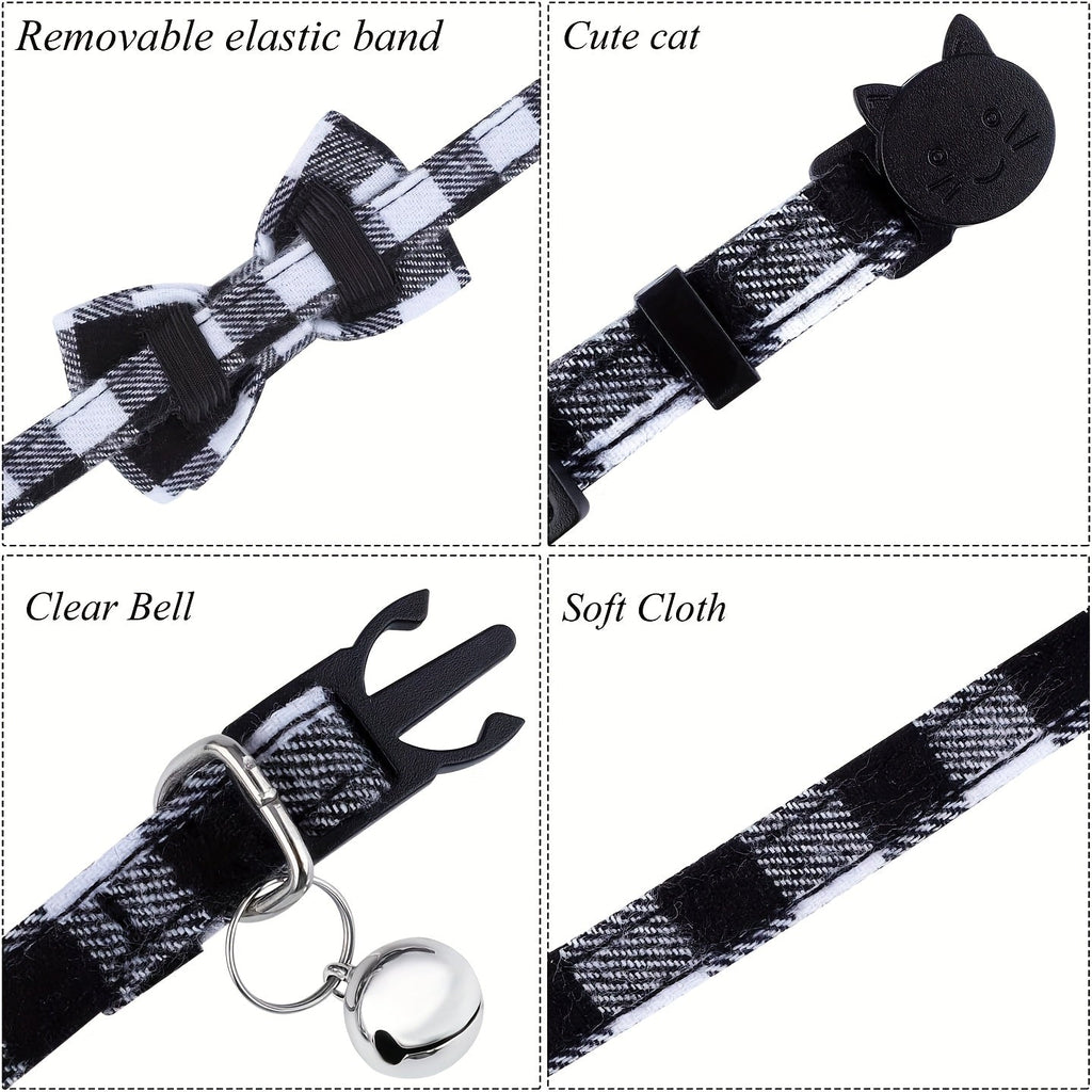 Cat Collars with Bells 4 Pack - Adjustable 7.5-12 Inch Plaid Breakaway Safety Buckle Collar with Bell & Bow for Kittens and Small Dogs, Cute Plaid Pattern, Comfortable Fabric, Multi-Color Set