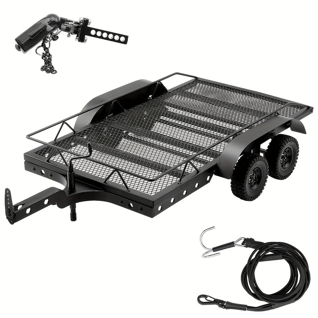 1/10 Scale RC Trailer Kit with Metal Flatbed, Adjustable Hitch & Kinetic Winch Strap – Dual Axle Flatbed Trailer Compatible with TRX4, TRX6, SCX10, Gen7, Gen8 RC Crawlers & Trucks