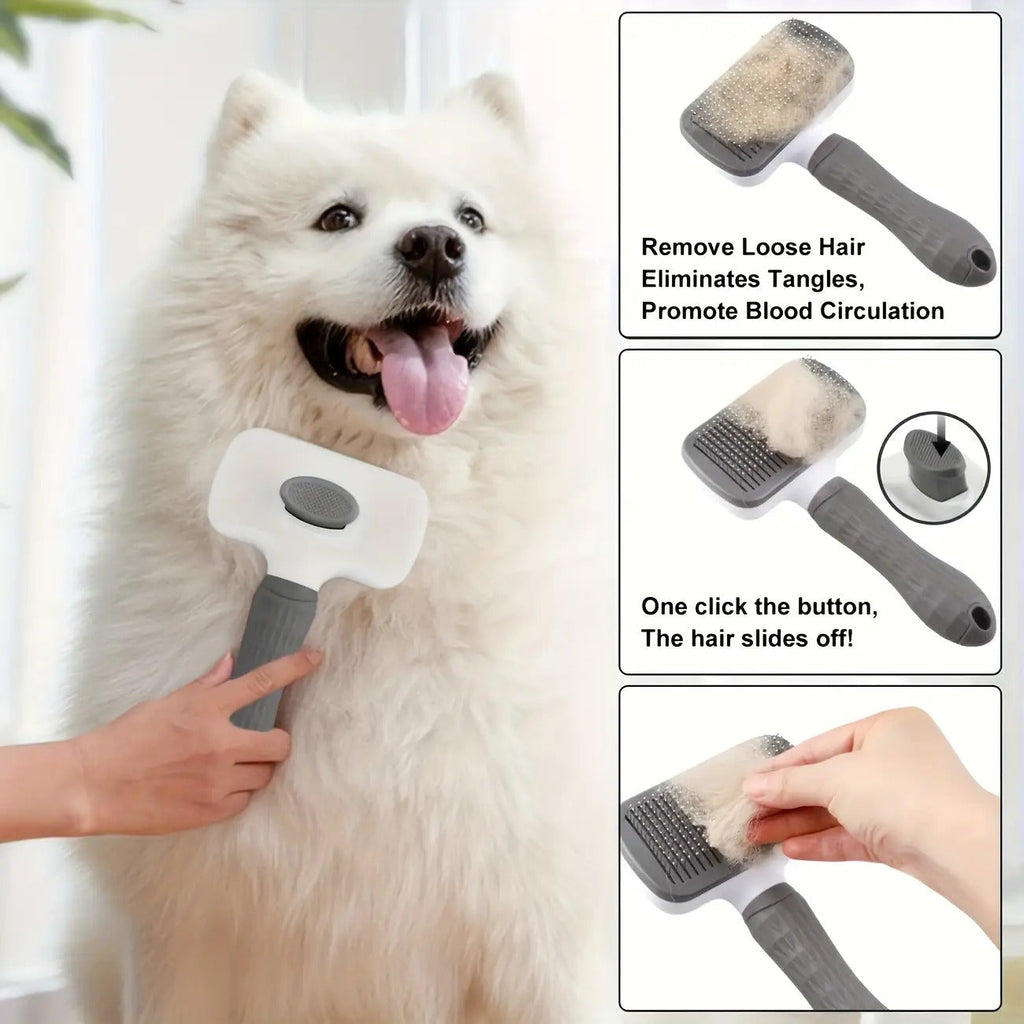 Self-Cleaning Pet Grooming Brush & Comb Set 2pcs – One-Click Hair Removal, Arc Needle De-Shedding Massage Tool for Cats and Dogs – Gentle Slicker Brush for Short Long Hair Pets