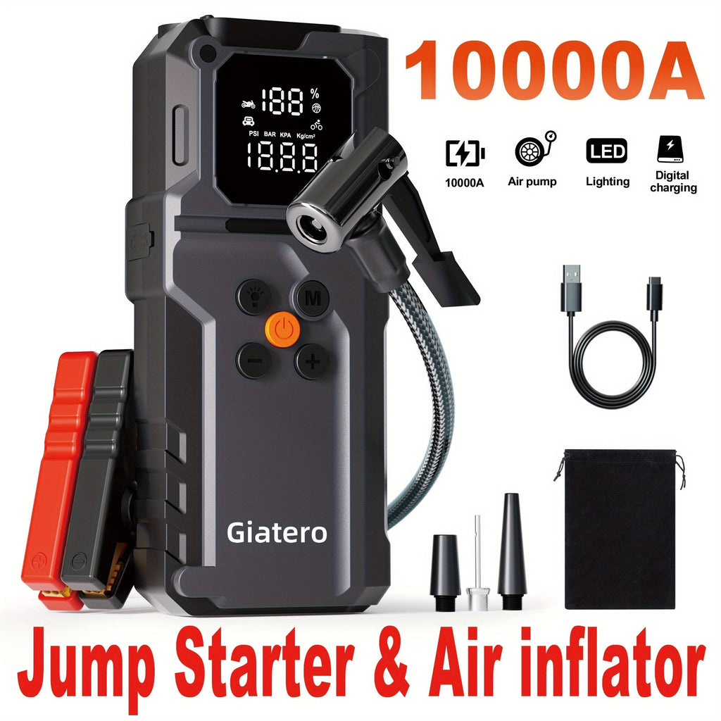 10000A Jump Starter with Air Compressor 160 PSI, Portable Car Battery Jump Starter Pack for Gas & Diesel Engines, USB-C QC 3.0 Fast Charge, Large Display, 3-Mode LED Flashlight, Jumper Cables Included – Giatero Q27