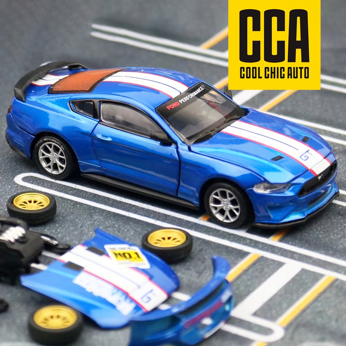 1:42 Scale Ford Mustang GT 2018 Die-Cast Model Car - Blue Zinc Alloy Collectible with Opening Doors, DIY Interchangeable Accessories, Pull-Back Function, Gift for Car Enthusiasts Boys and Adults