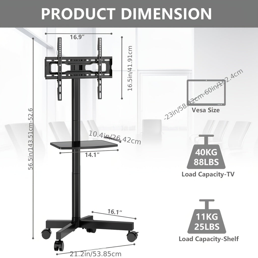 Rolling TV Stand Cart on Wheels for 23–60 Inch TVs – Height Adjustable, 88lb Capacity, VESA 400x400, Media Shelf, 360° Locking Wheels, No Wall Drilling, Mobile TV Mount