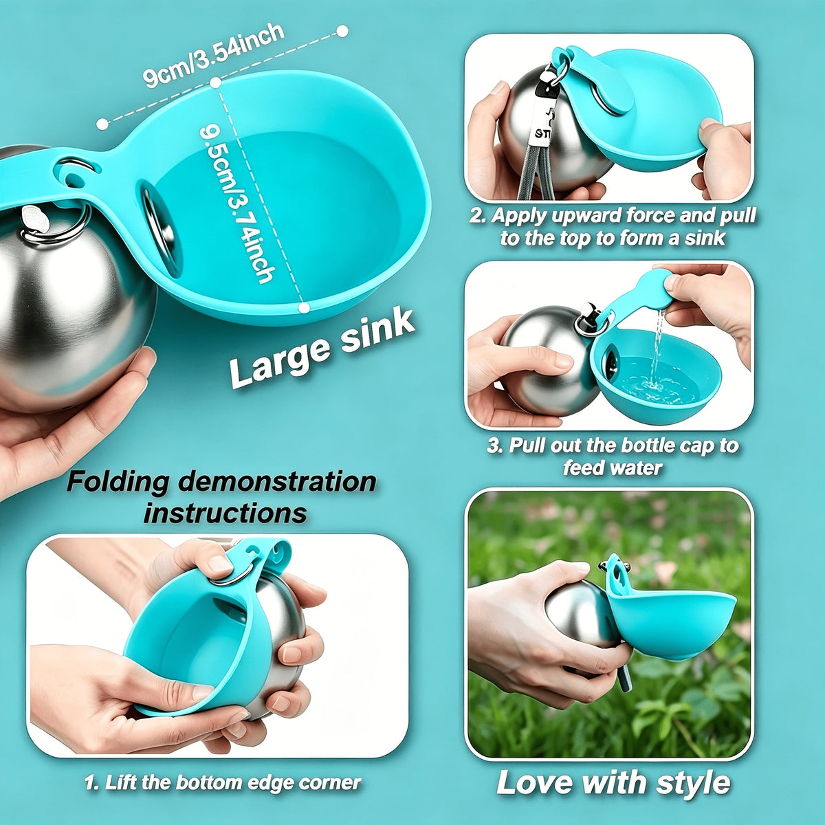 Stainless Steel Pet Travel Water Bottle – 9.6oz Leak-Proof Dog & Cat Drinking Bottle with Foldable Bowl for Outdoor Hiking Walking Camping, 304 Steel, Blue & Pink