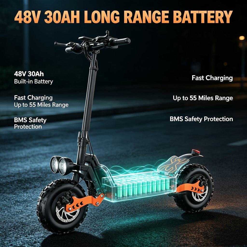 Electric Scooter for Adults 749W Motor 55 Miles Range – 48V 30Ah Battery, 11" Off-Road Tires, Full Suspension, Long Distance Commuter & Trail E-Scooter for Heavy Duty Riders GT26 / GT28