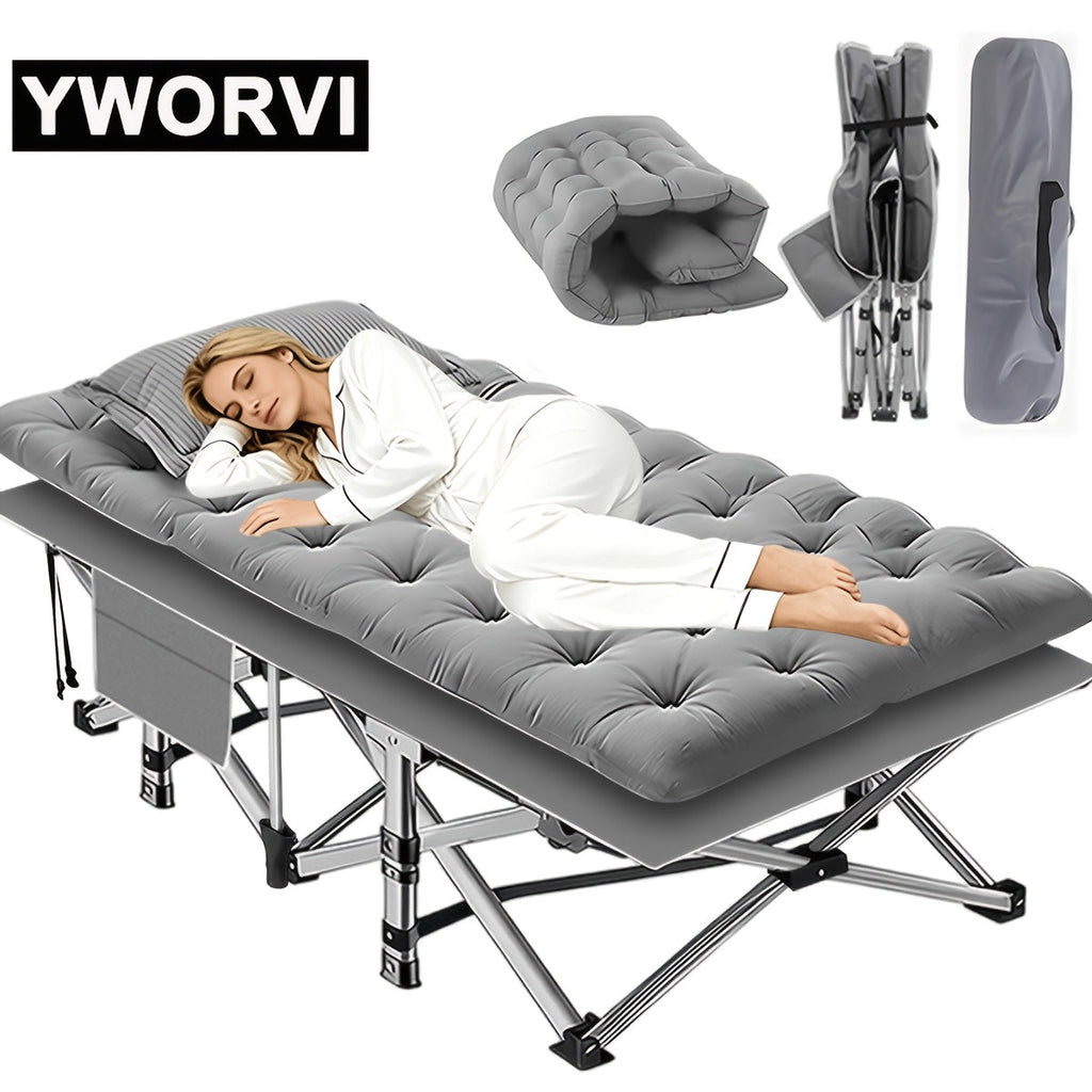 Folding Camping Bed with Mattress & Side Pockets – Heavy Duty Portable Cot for Adults, Foldable Guest Bed for Camping Outdoor Courtyard Terrace Office Guest Room