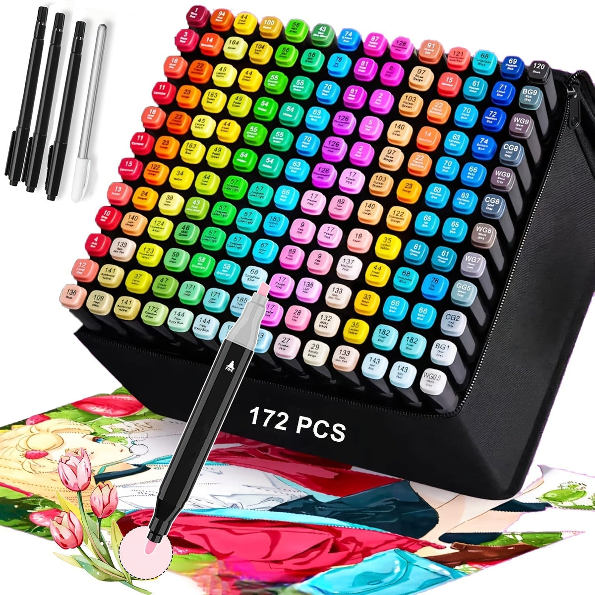 172pcs Artist Markers Pens Set Dual Tips Chisel & Fine Sketch Art Markers for Adult Drawing Coloring Painting Blending Sketching Greeting Cards Art Supplies Kit Gift for Artists