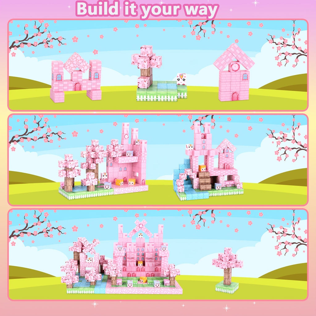 Magnetic Building Blocks 100 Pcs Sakura Snow Castle Kids STEM DIY Construction Toy Creative Educational Magnet Tiles for Children Ages 3+ Birthday Christmas Gift Set Boys Girls Toddlers