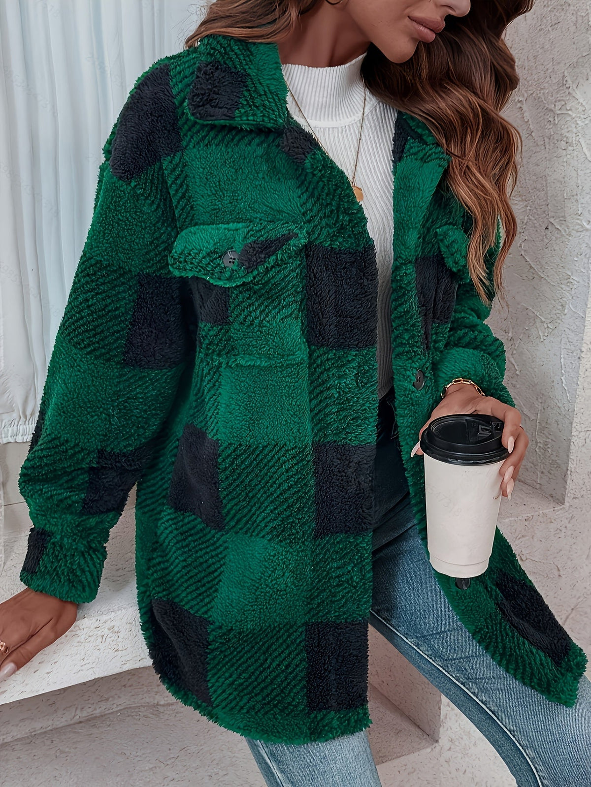 Plush Winter Jacket for Women Soft Suede PU Fabric Plaid Pattern Coat Fall Winter Warm Outerwear Khaki Black Green Pink Yellow Gray S M L XL XXL