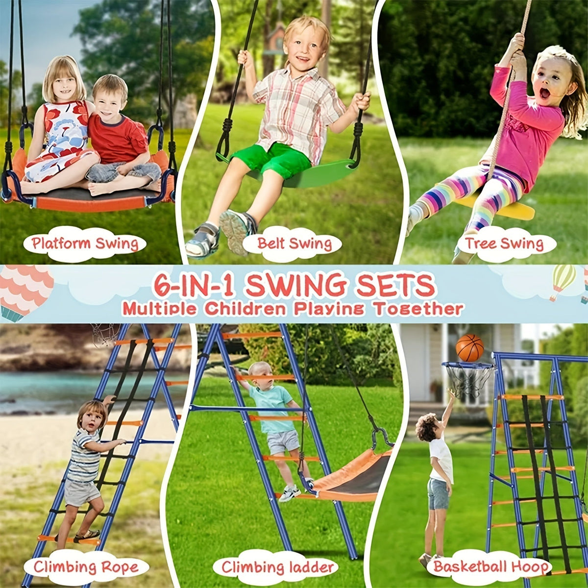 6-in-1 Outdoor Swing Set for Kids, 550LBS Heavy Duty A-Frame Backyard Swing Set with Adjustable Seats & Ground Stakes - Convertible Climbing Frame, Trapeze Bar & Multiple Attachments for Children Ages 3-12