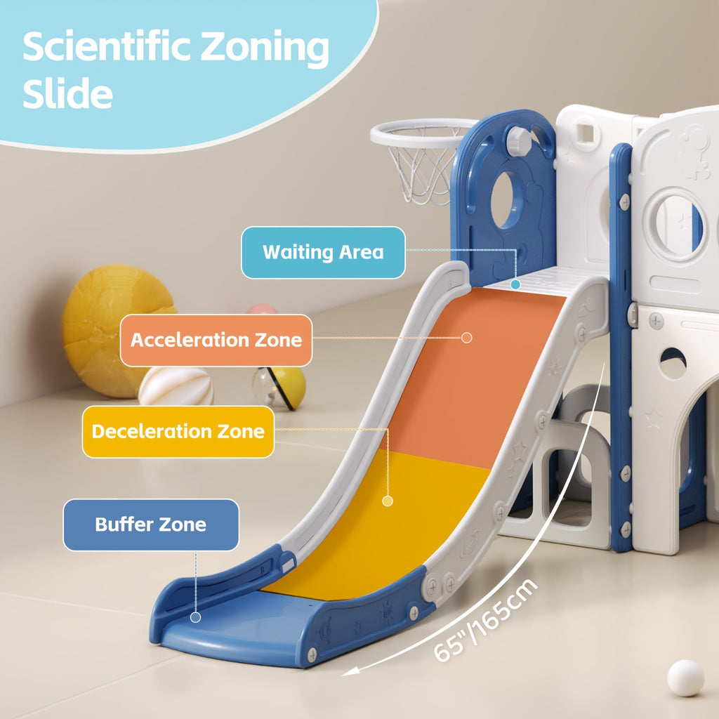 Toddler Kids Slide Outdoor Indoor Playset with Basketball Hoop and Telescope Backyard Playground Equipment for Baby Boys Girls Birthday Gift Grey White Orange Green