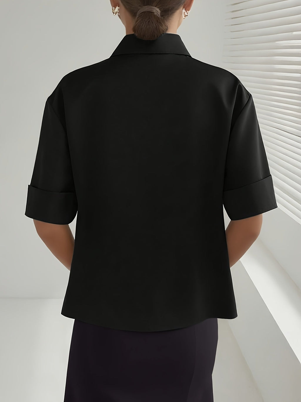 Women's Elegant Neckline Short Sleeve Solid Color Blouse 100% Polyester Casual Chic Top White Black Light Blue Coffee S M L XL All Season Woven Shirt
