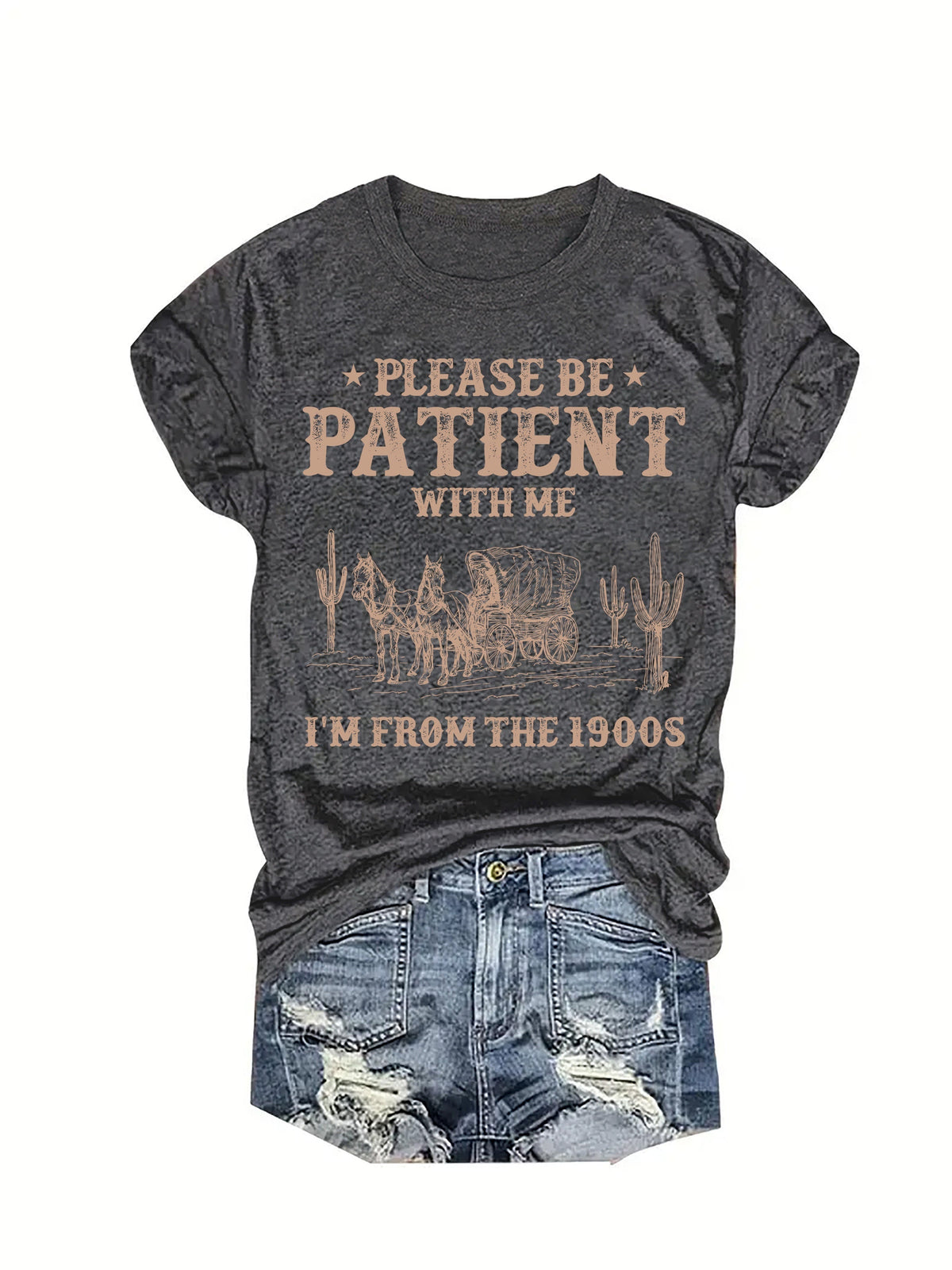 Please Be Patient With Me I'm From The 1900s Western Graphic Tee Women Funny Vintage Cowgirl Shirt Short Sleeve Crew Neck