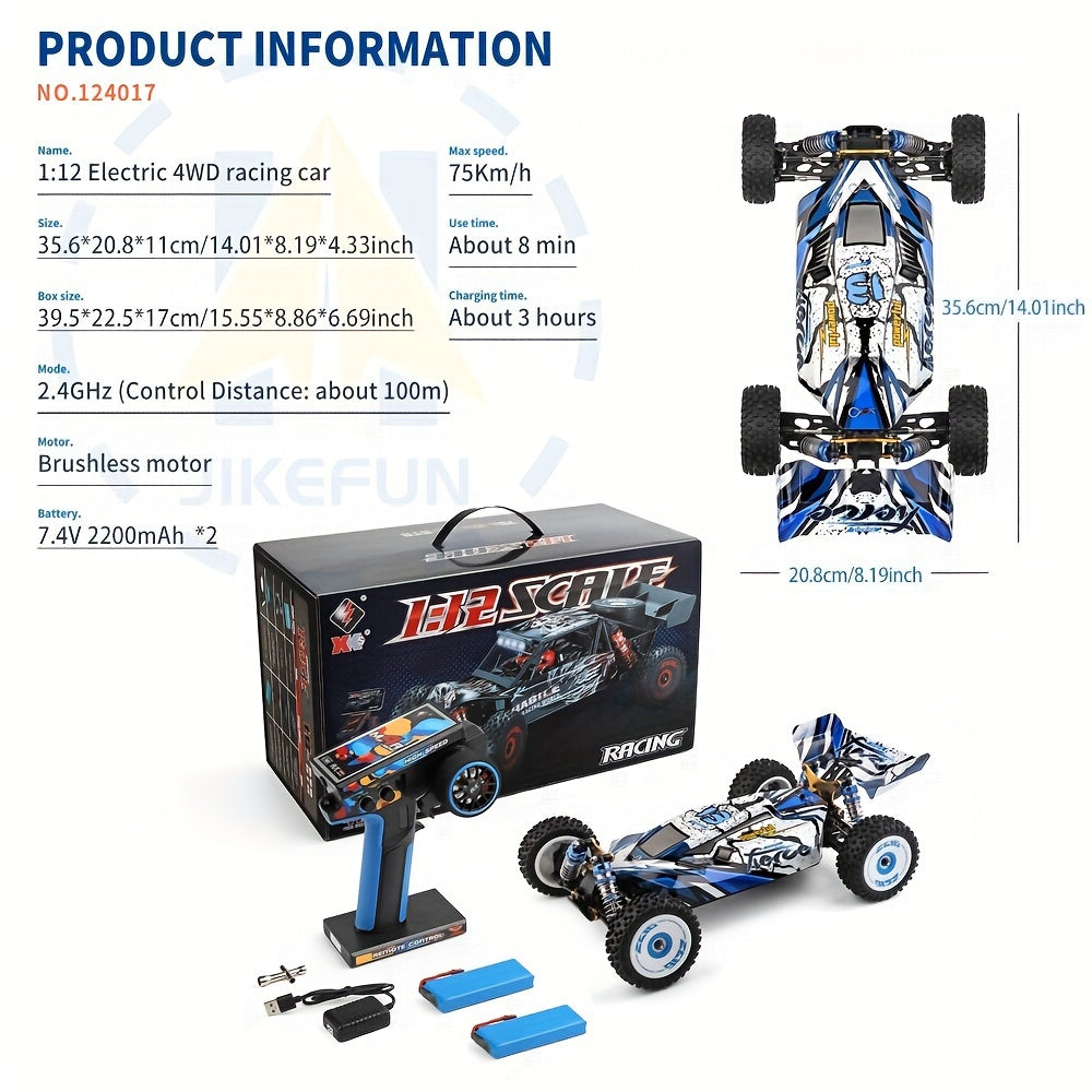 Wltoys 124017 RC Car 75KM/H 4WD Brushless Professional Racing Drift Car – Aluminum Alloy Body, Oil Pressure Shock Absorber, Zinc Alloy Gears, 100M Range, High Speed Off-Road RC Truck with 2 Batteries