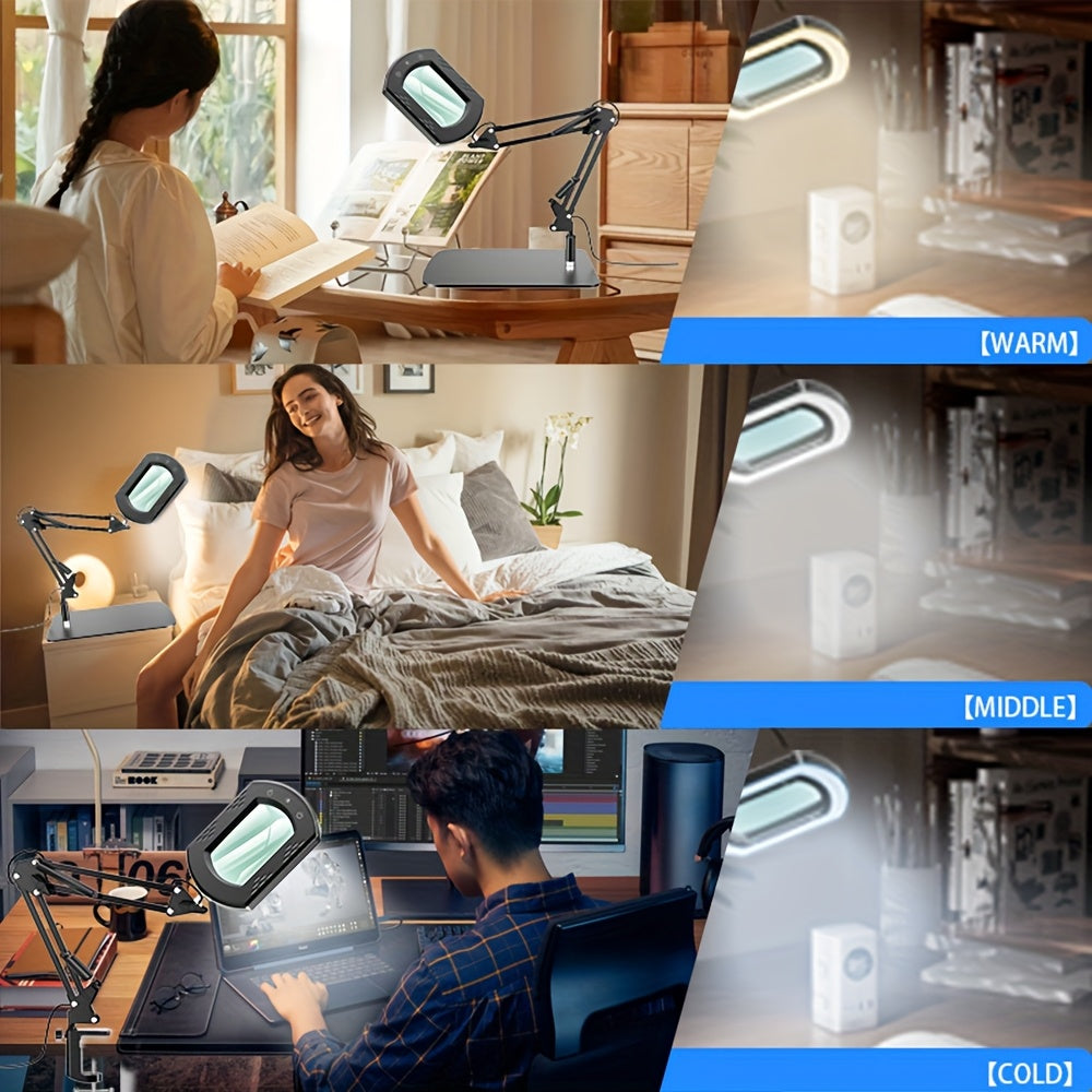 15X LED Magnifying Glass Lamp with Adjustable Arm & Clamp – Dimmable 3-Color USB Desk Magnifier for Reading, Crafts, Nail Art, Sewing & Precision Work (Black/White)