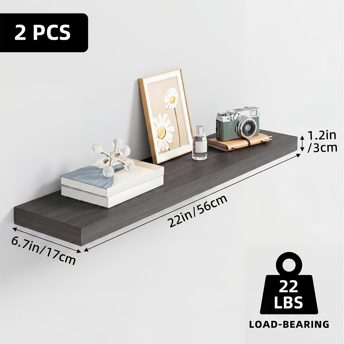 Floating Wall Shelves Wood 2/4/6 Pack 15.7 19.7 22 Inch Wall Mounted Shelves for Living Room Kitchen Bathroom Bedroom Holds 30 lbs Walnut Brown White Black Gray Home Decor Storage