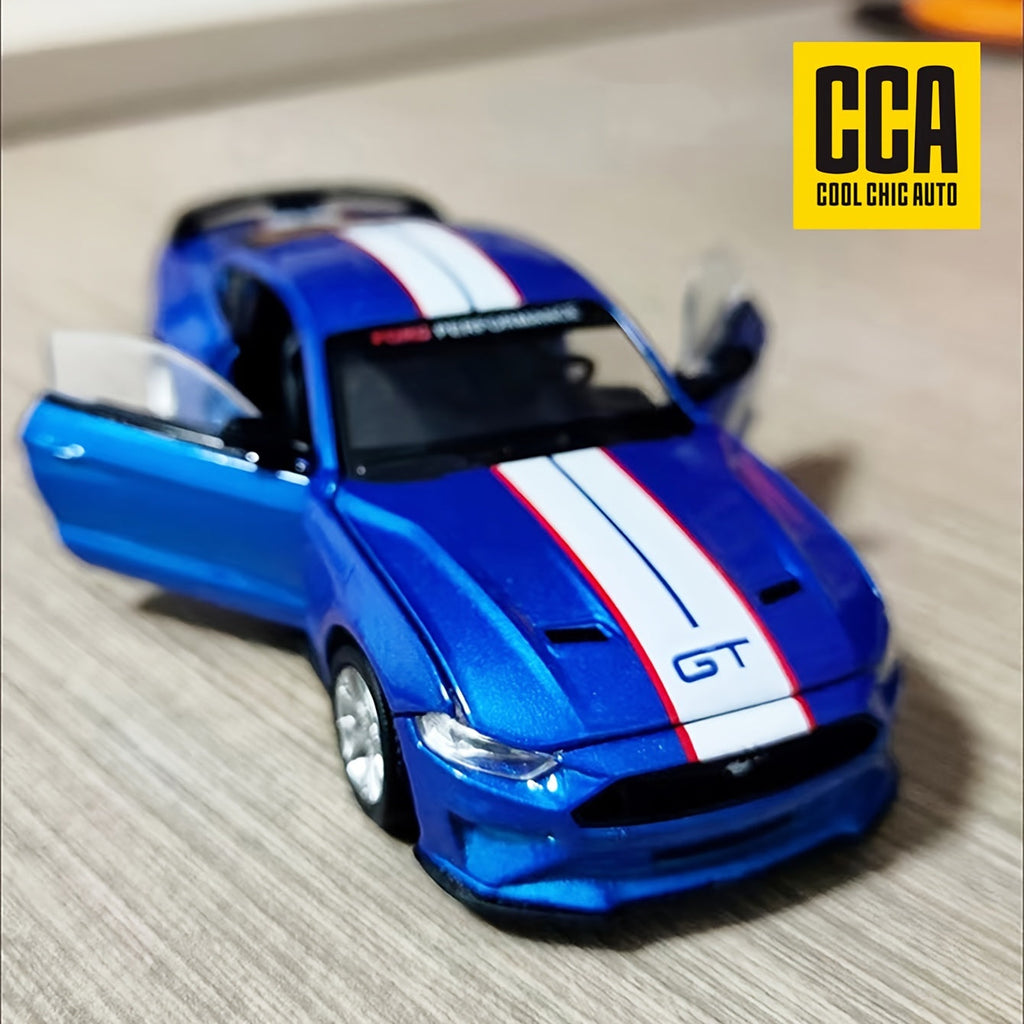 1:42 Scale Ford Mustang GT 2018 Die-Cast Model Car - Blue Zinc Alloy Collectible with Opening Doors, DIY Interchangeable Accessories, Pull-Back Function, Gift for Car Enthusiasts Boys and Adults