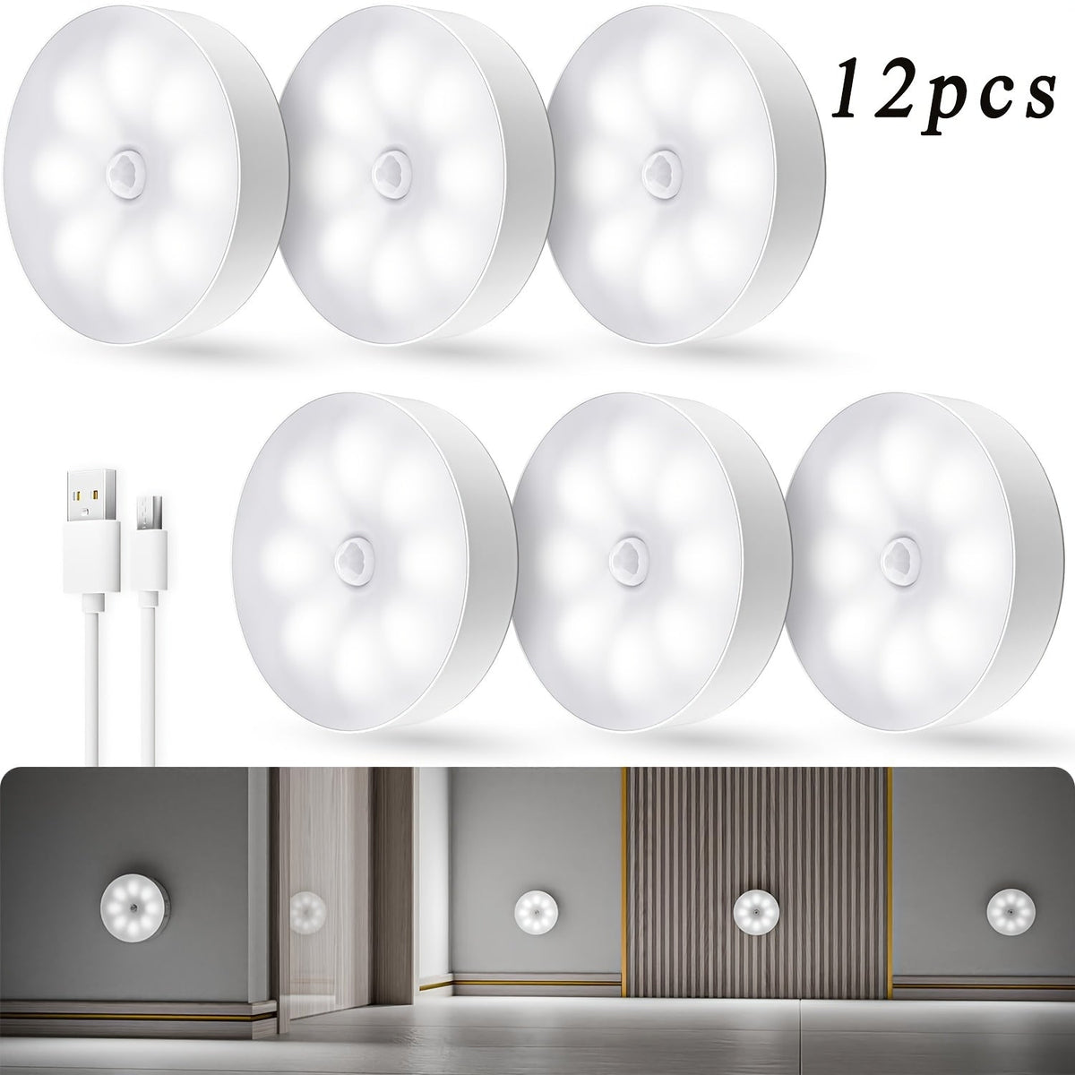 LED Motion Sensor Night Lights USB Rechargeable Wireless Dual Mode Adjustable Brightness Magnetic Mount – Under Cabinet Kitchen Hallway Stairs Closet 6 or 12 Pack
