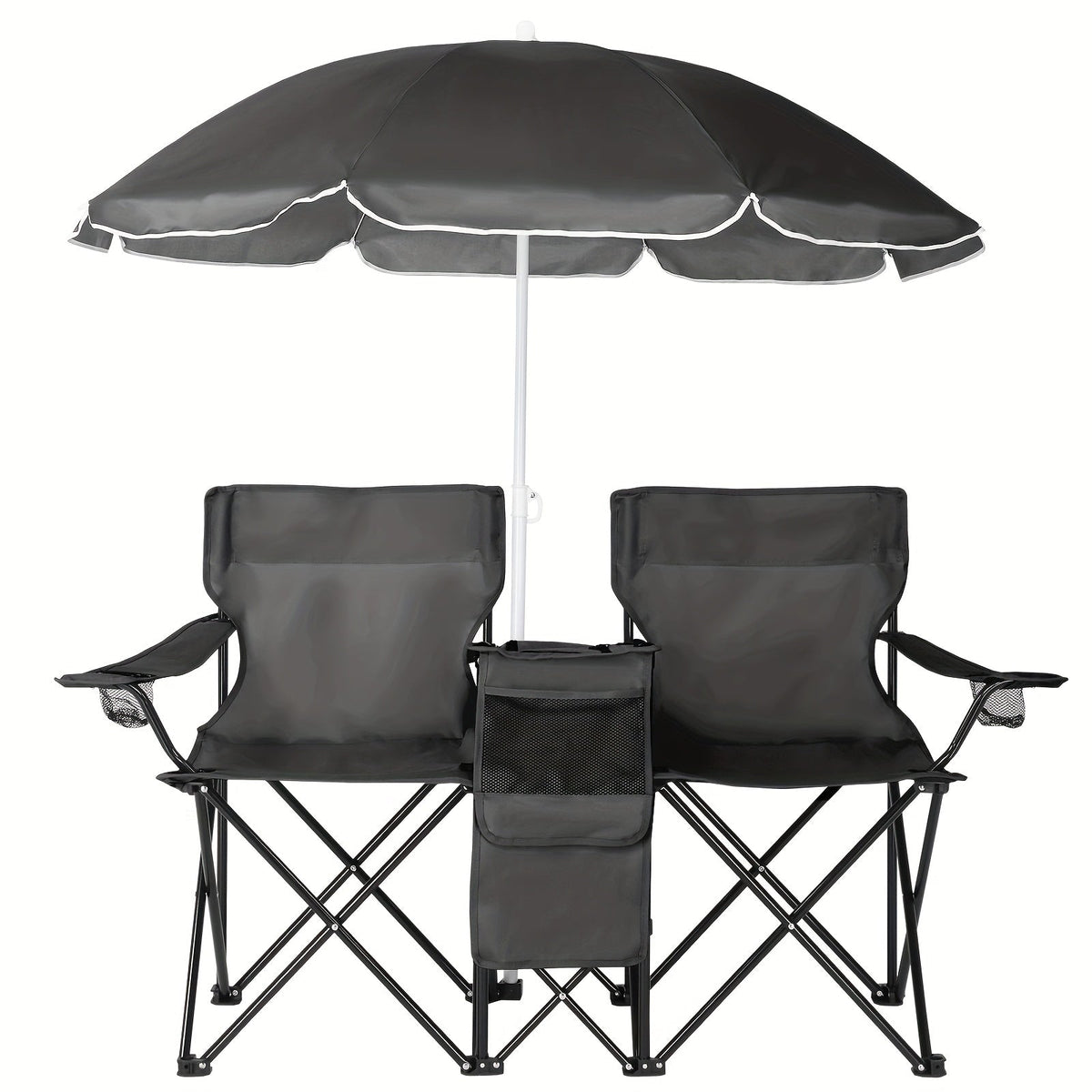 2-Person Outdoor Folding Chair with Removable Sun Umbrella – Portable Loveseat Camping Chair with Handrails for Fishing Beach Sunbathing Picnic