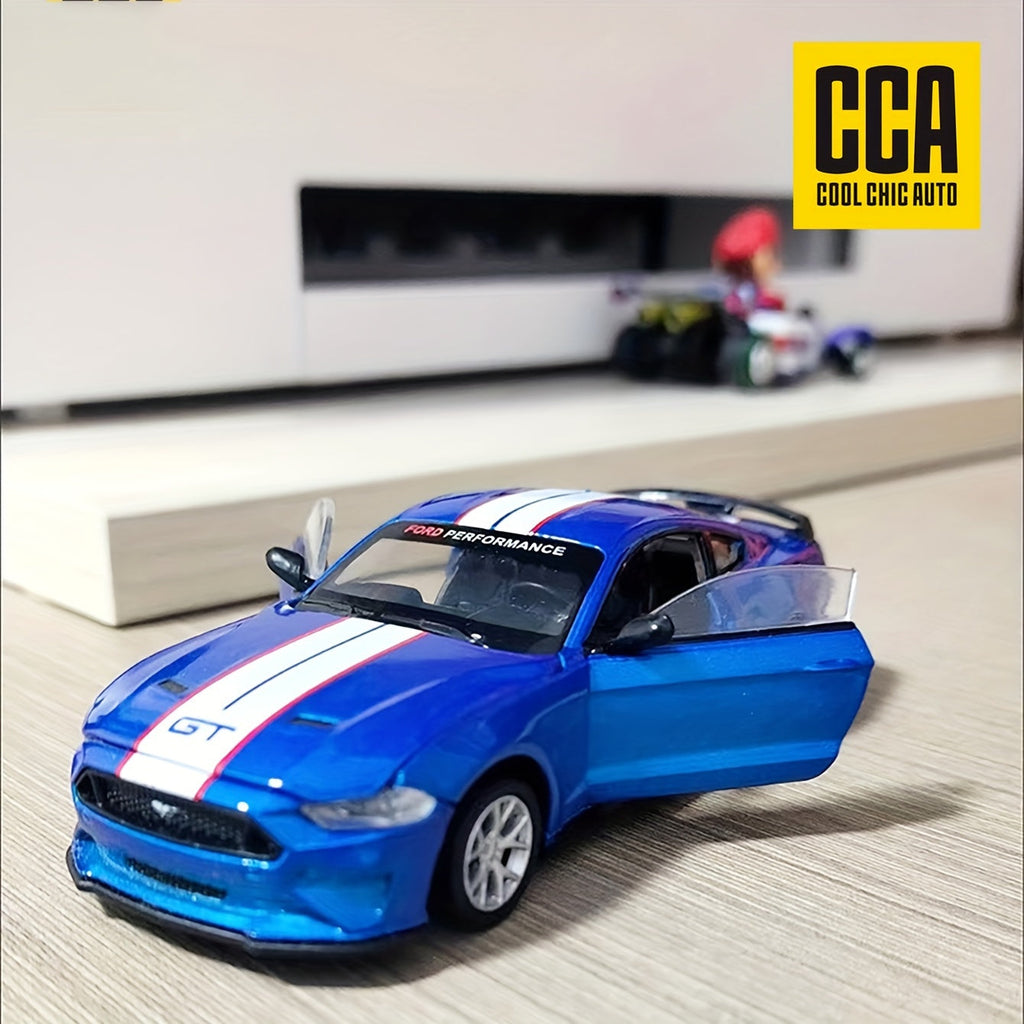 1:42 Scale Ford Mustang GT 2018 Die-Cast Model Car - Blue Zinc Alloy Collectible with Opening Doors, DIY Interchangeable Accessories, Pull-Back Function, Gift for Car Enthusiasts Boys and Adults