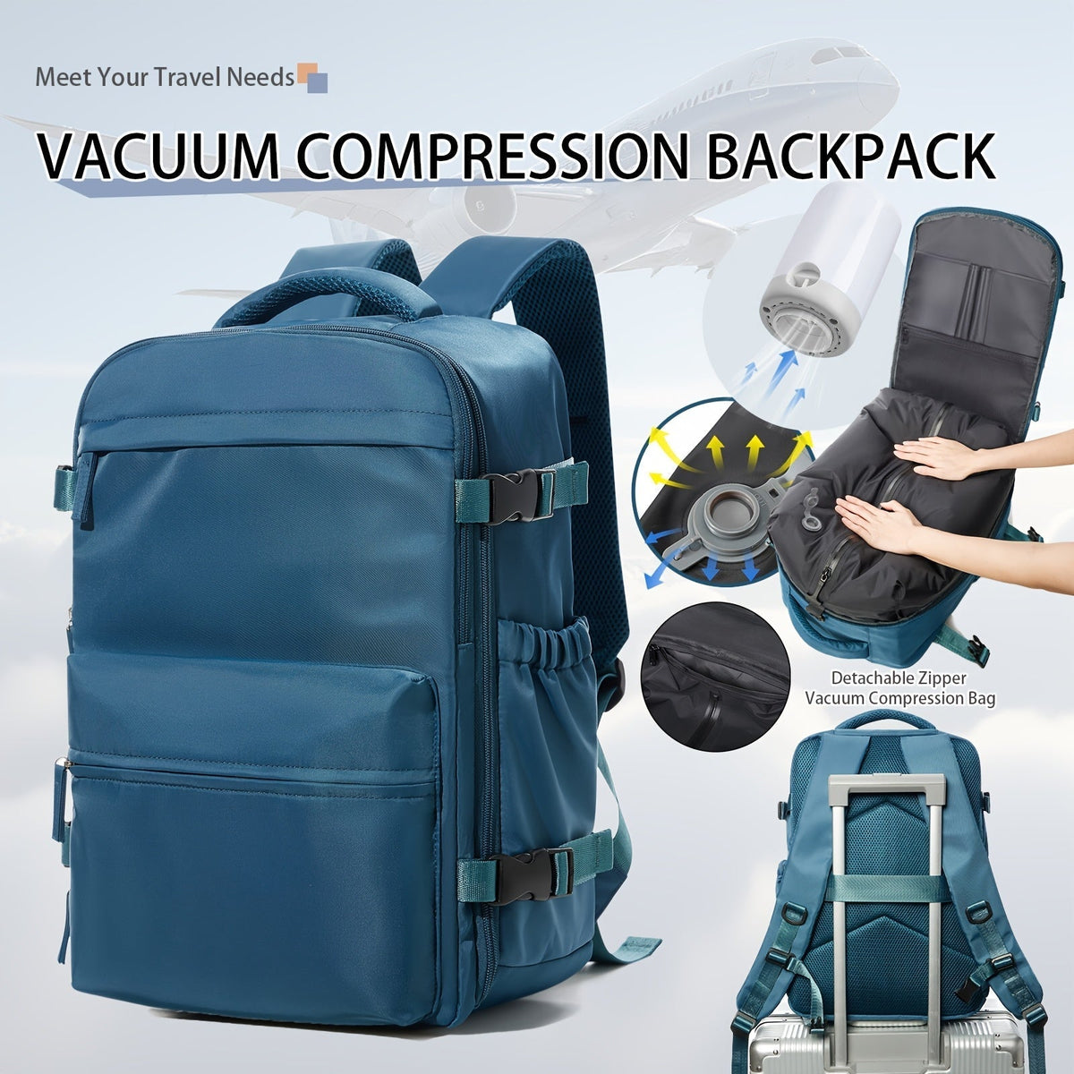Vacuum Seal Travel Backpack with Air Pump – Expandable Large Capacity Compression Space Saver Laptop Carry-On Bag Oxford Cloth for Men Women Hiking Camping Travel