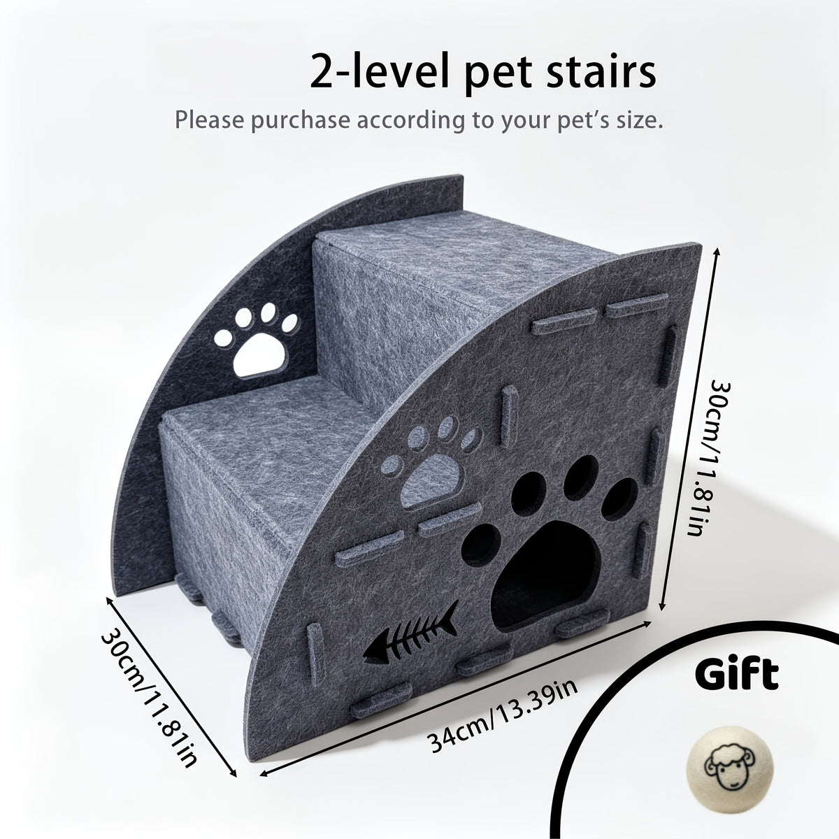 Felt Pet Stair Ramp with Cat Teaser Toy Bundle - Gentle Slope Non-Slip Cat Steps for Sofa & Bed Access, 3-in-1 Multifunctional Design, 3 Sizes (Small/Medium/Large) for Cats & Small Dogs