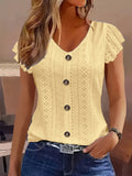Eyelet Embroidery Button Front V-Neck Cap Sleeve Top Women Solid Color Casual Summer Shirt Breathable Lightweight Blouse S-XXL Multiple Colors