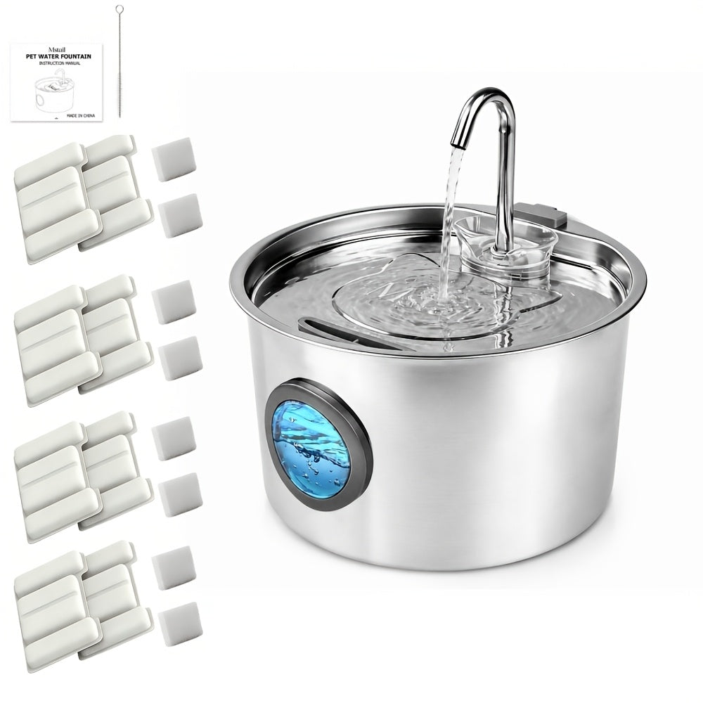 108oz Stainless Steel Pet Water Fountain – Automatic Dog & Cat Water Dispenser with Large Water Level Window, Ultra-Quiet Pump, Easy to Clean, No Battery Required – 2, 4 or 8 Filter Bundles