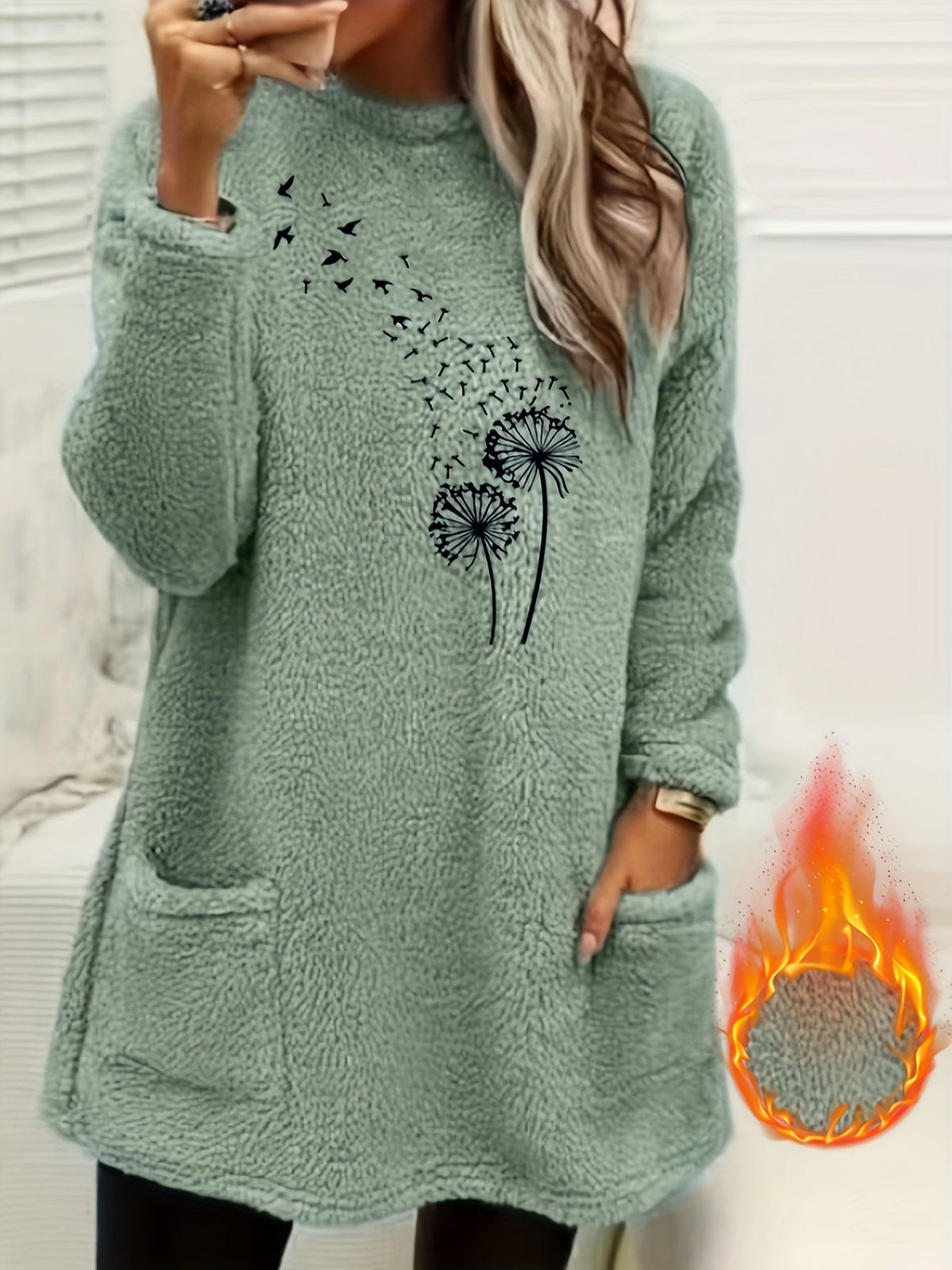 Dandelion Print Sweatshirt Women - Cozy Fleece-Lined Long Sleeve Pullover, Soft Stretch Casual Fall Winter Top, S-XXL