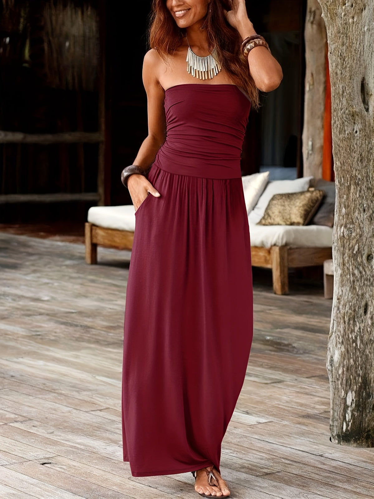 Strapless Bandeau Maxi Dress with Pockets for Women – Waist-Cinching Stretch Casual Summer Long Dress in Solid Colors S-XXL