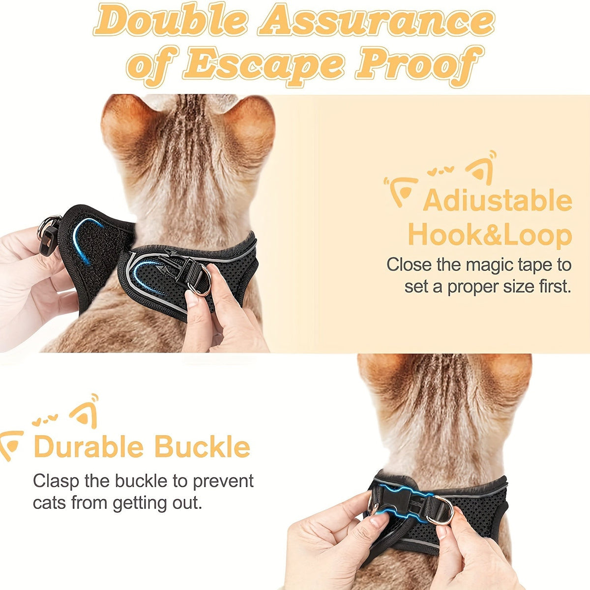 Escape Proof Cat Harness and Leash Set for Walking - Adjustable Reflective Soft Mesh Vest for Cats Kittens Small Dogs S M Black Grey Comfortable Outdoor Adventure Pet Gift