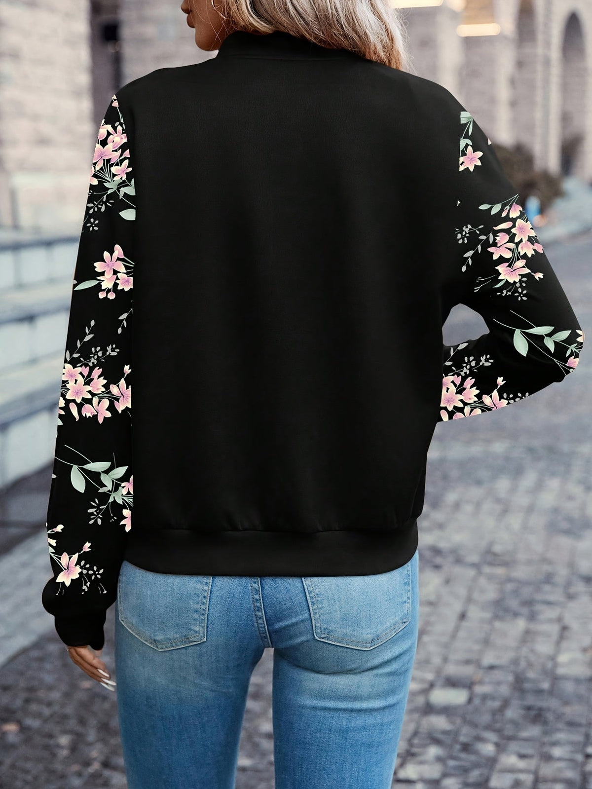 Floral Print Zip Up Jacket Women's Baseball Collar Long Sleeve Spring Fall Lightweight Coat Casual Outerwear Black S M L XL XXL