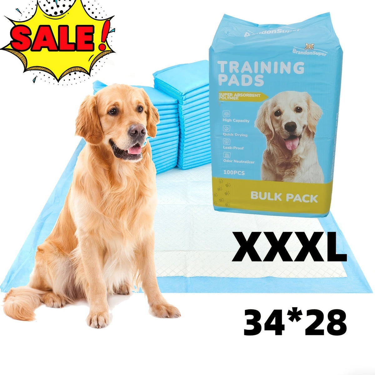 8-Layer Super Absorbent Dog Pee Pads 100 Count – Leakproof Puppy Training Pads, Odor Control, Tear-Resistant, 23.6x23.6 & 34x28 Inch Sizes for Dogs, Cats & Labs