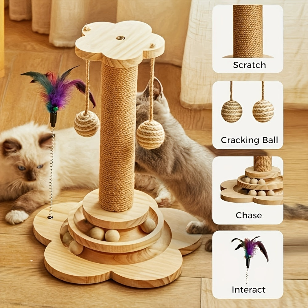4-in-1 Cat Scratching Post with Sisal, Feather Toy, Dual-Layer Ball Track & 6 Wooden Toy Balls – Anti-Tip Solid Wood Activity Center for Indoor Cats, Kittens & Multi-Cat Households