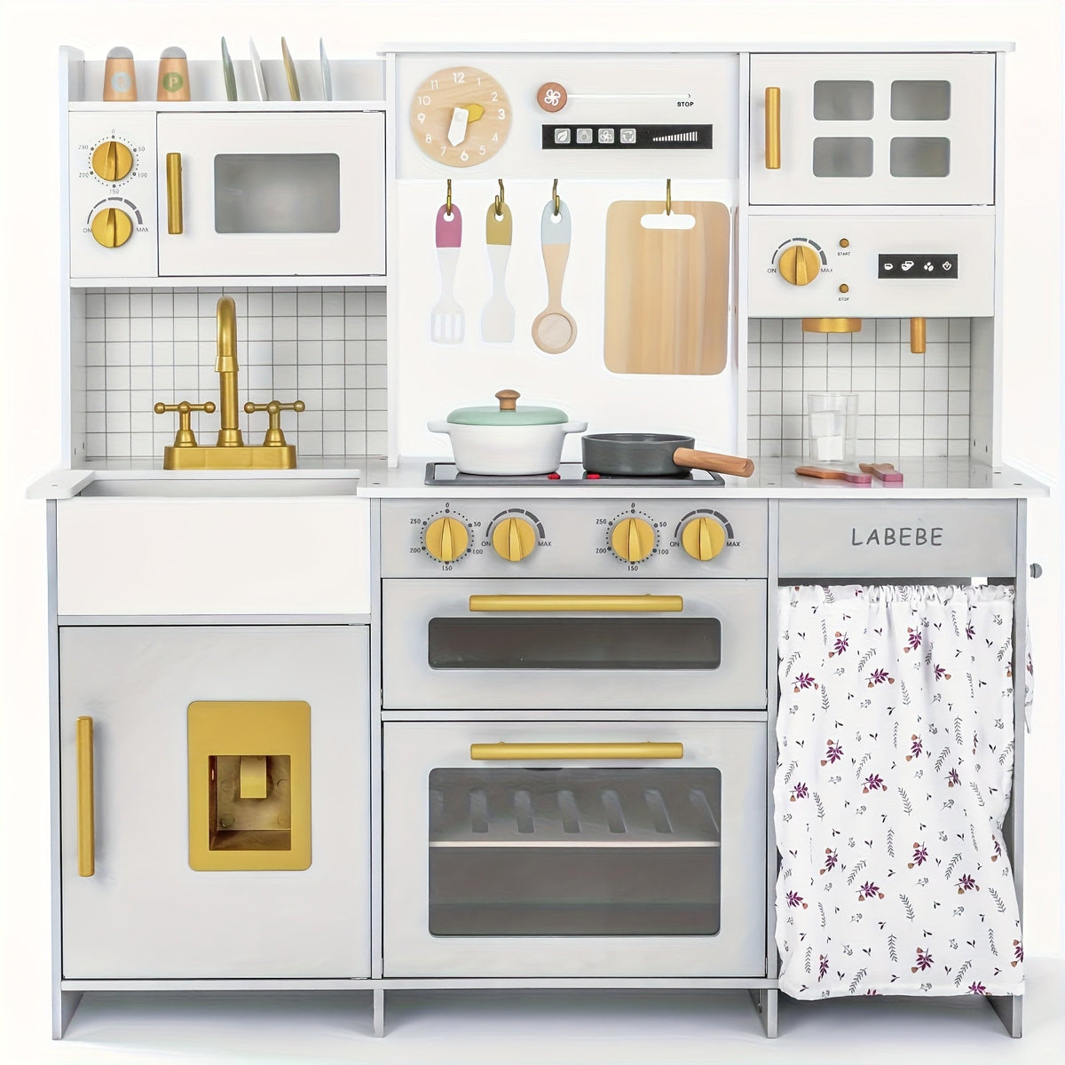 Kids Wooden Play Kitchen Set with Cookware & Accessories – Realistic Pretend Kitchen Playset with LED Stove Lights, Sounds, Microwave, Sink & 37.5" Spacious Design for Boys & Girls Ages 3-8