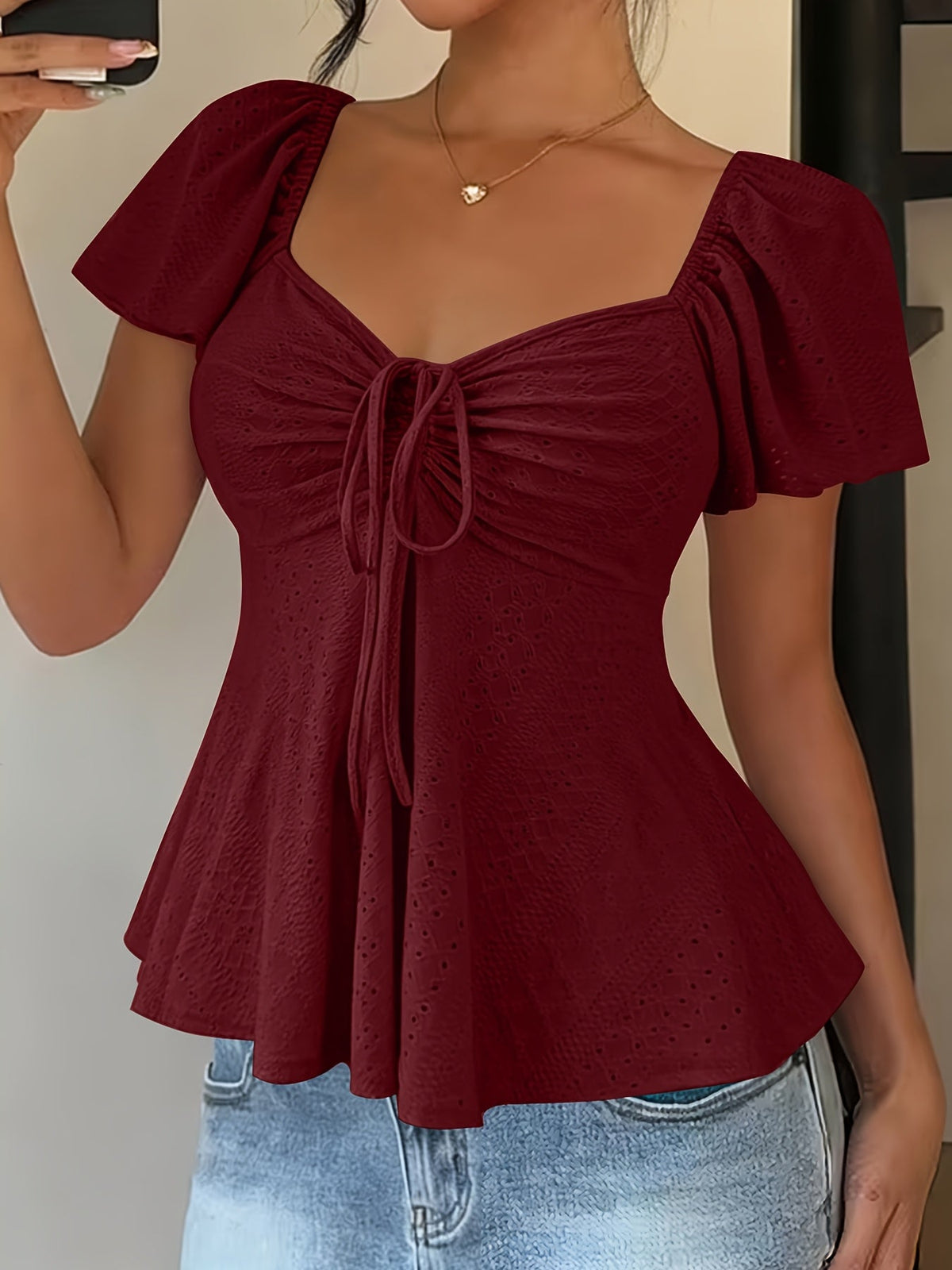 Women's Y2K Jacquard V-Neck Drawstring T-Shirt – Solid Color Short Sleeve Breathable Elegant Top for Spring & Summer