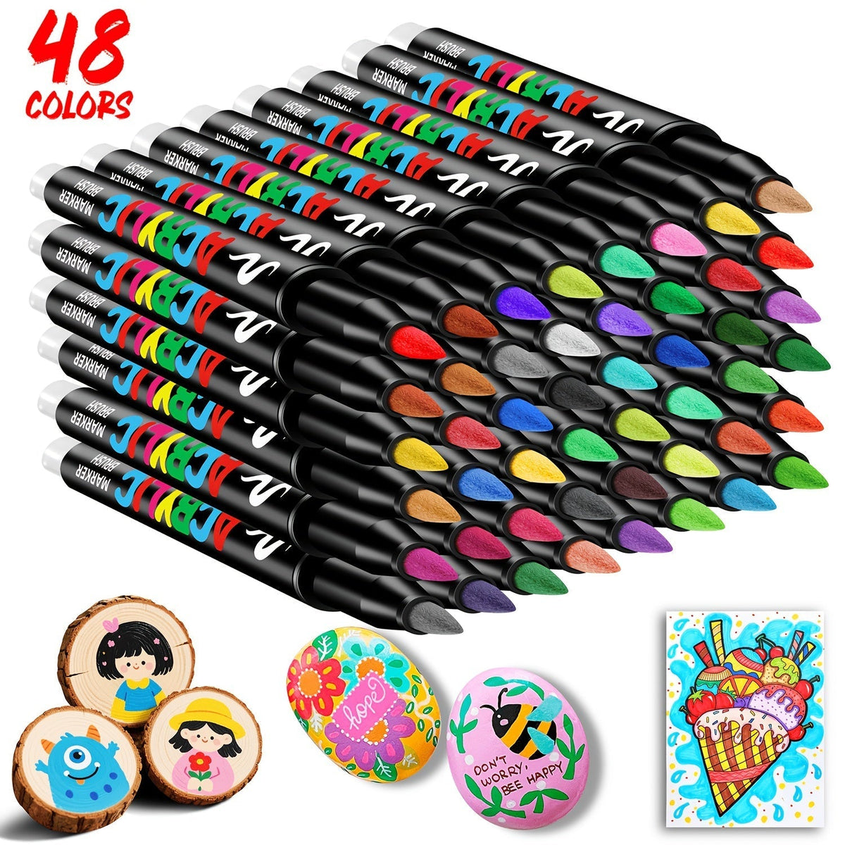 Acrylic Paint Markers 48/72 Colors Brush Tip – Permanent Flexible Tip Paint Pens for Fabric, Rock, Glass, Wood, Canvas, Ceramic & Plastic, Anti-Clog Ink System, School Art Craft Gift
