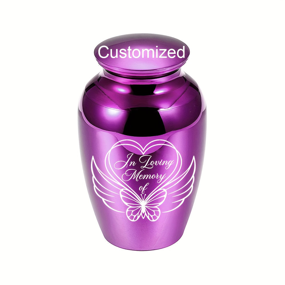 Personalized Mini Cremation Urn for Ashes - Custom Aluminum Alloy Keepsake Urn with Angel Heart Butterfly Pattern for Human & Pet Ashes, Small Memorial Ash Holder, Silver Gold Purple Lid Options